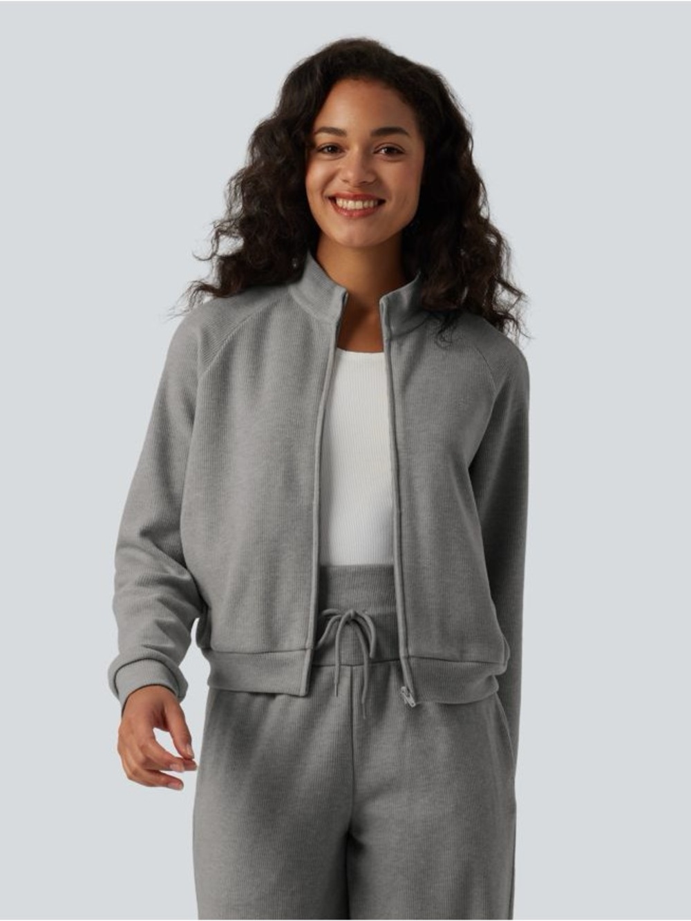 Halara Ribbed Stand Collar Long Sleeve Zipper Casual Jacket with Pockets